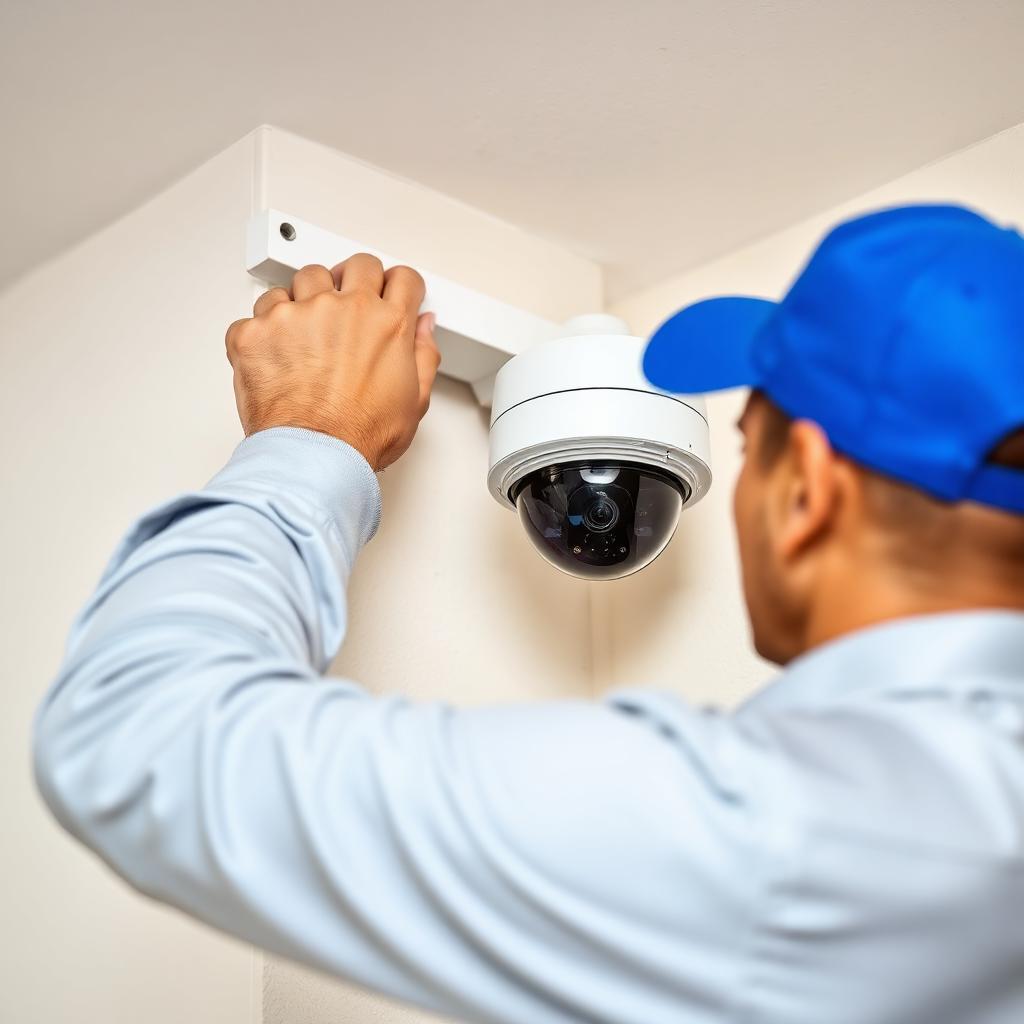 Technician installing a CCTV camera